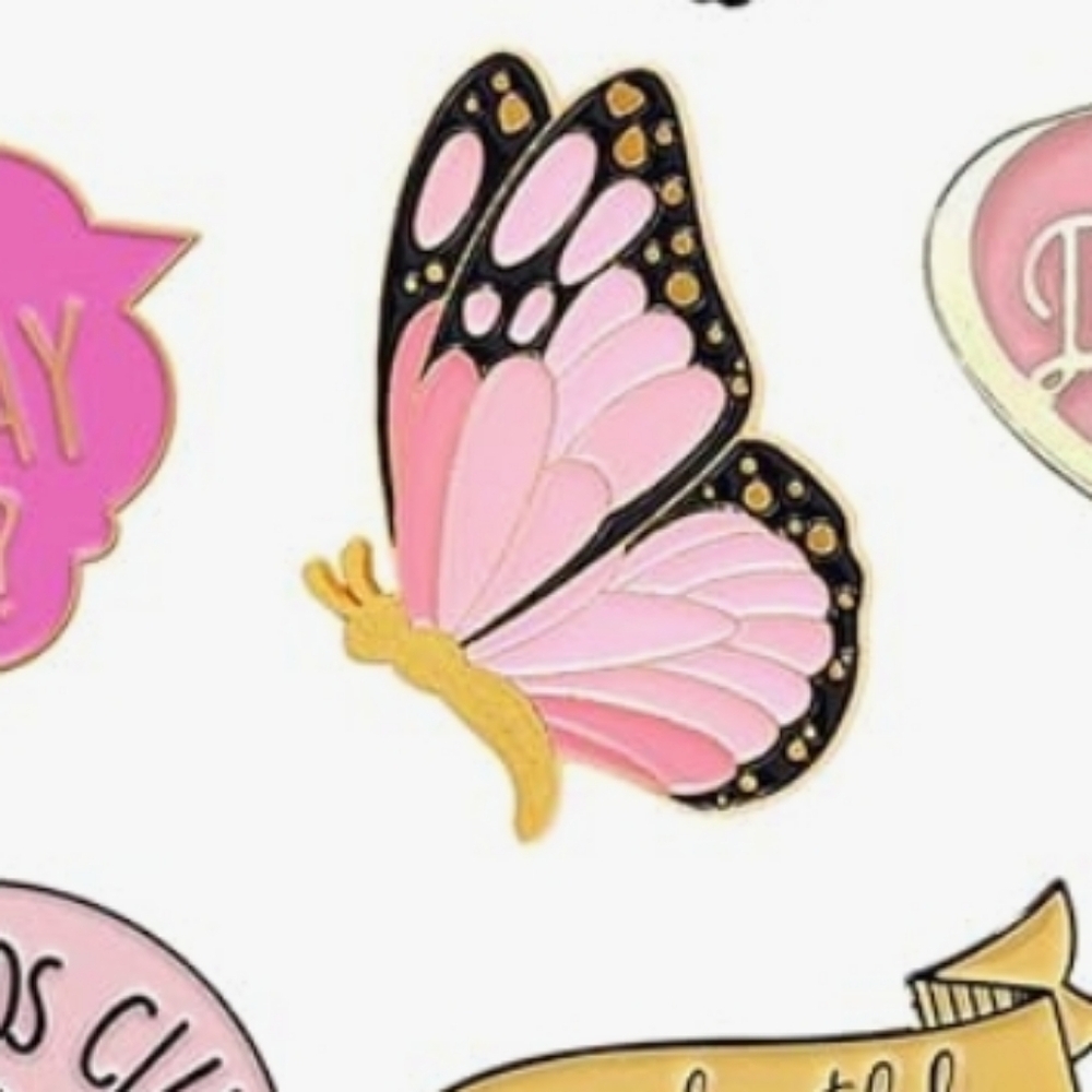 Pink Butterfly Enamel Pin - Gold & Black Accents